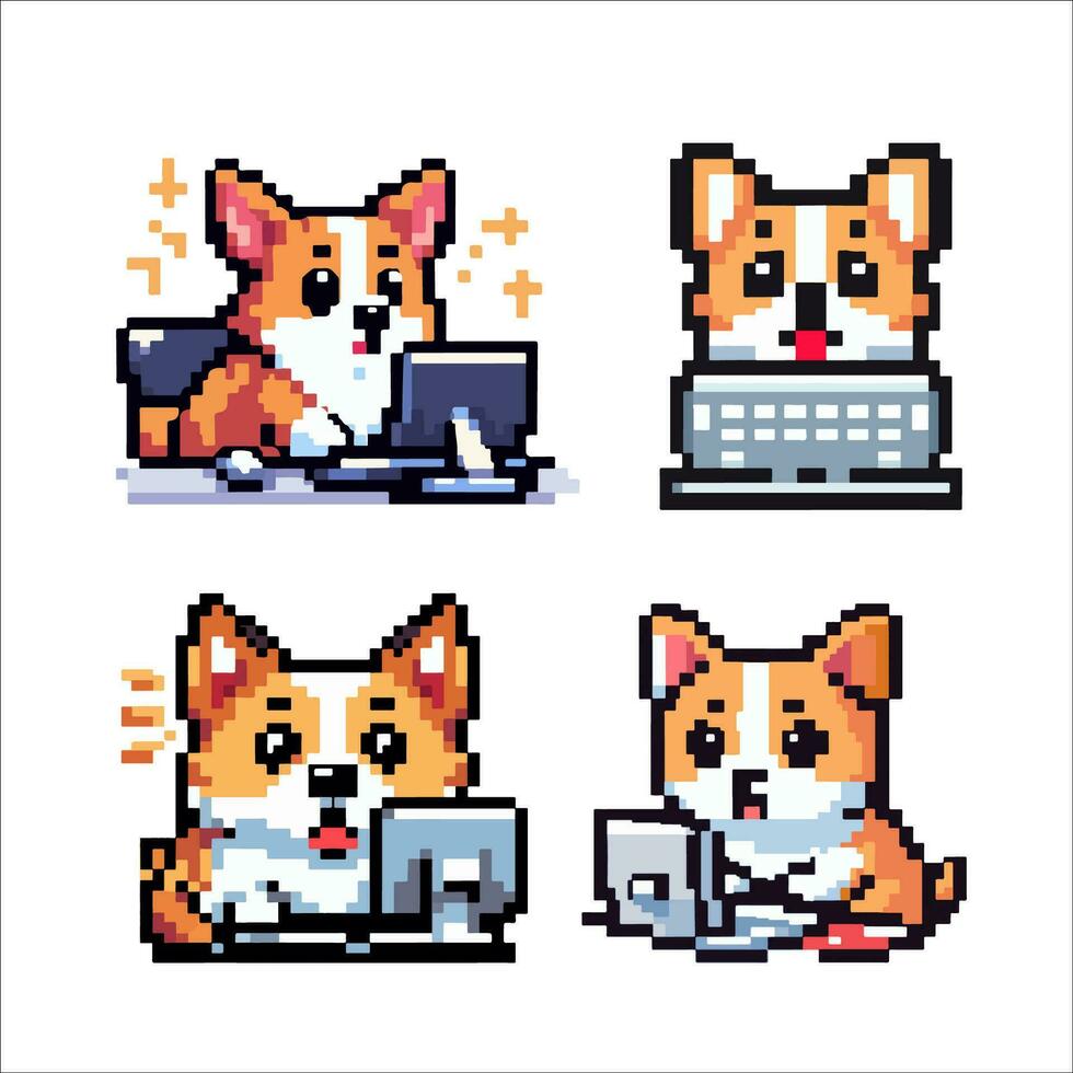 pixel art of puppy typing on a computer looking surprised vector