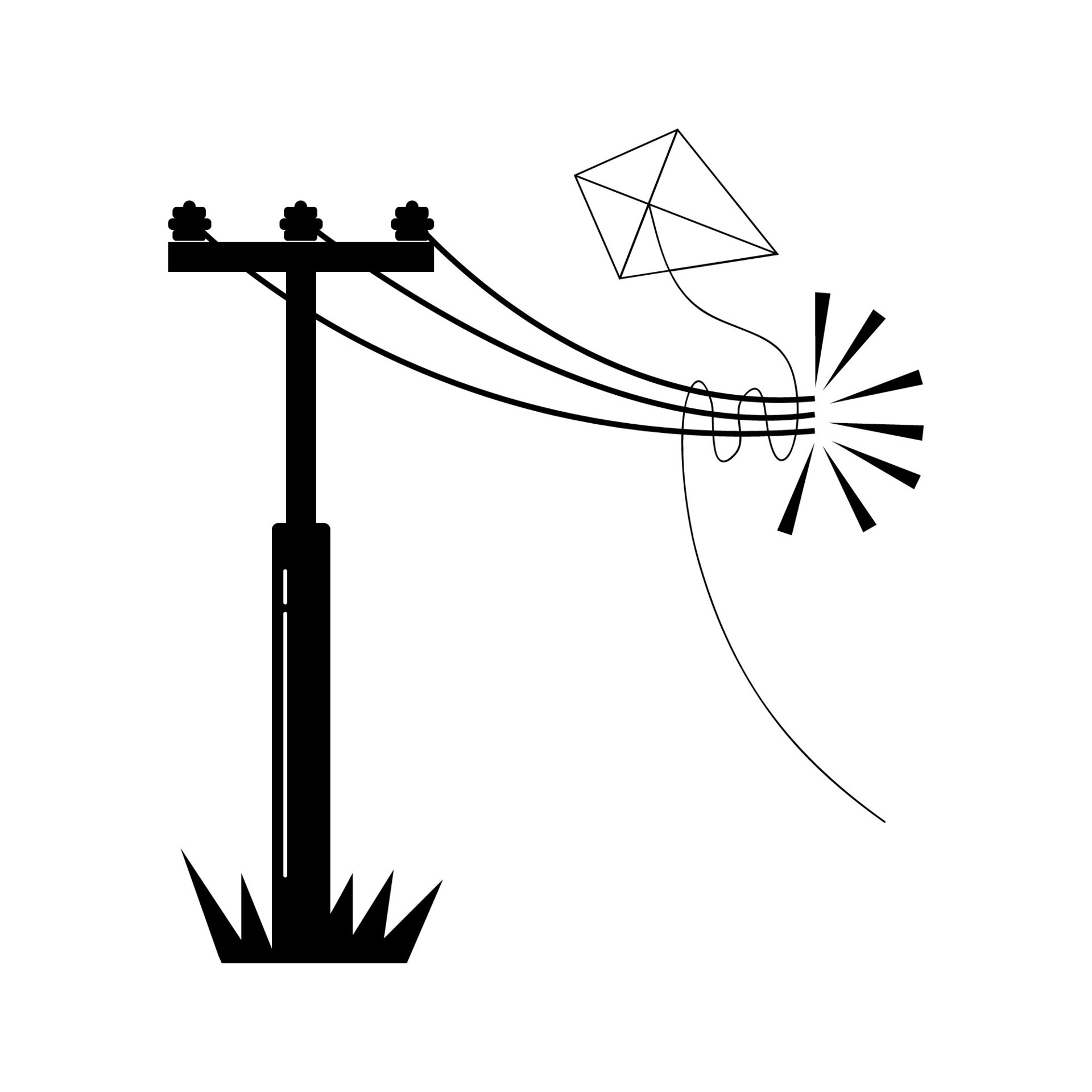 A kite caught on an electricity pole explodes. Continuous line drawing