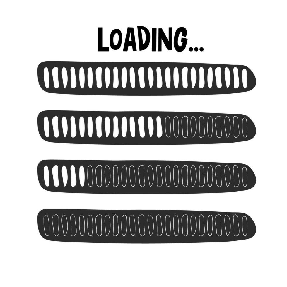 Set Loading bar, progress in doodle style isolated on white background. Indicator, line hand drawn sketch. Vector illustration