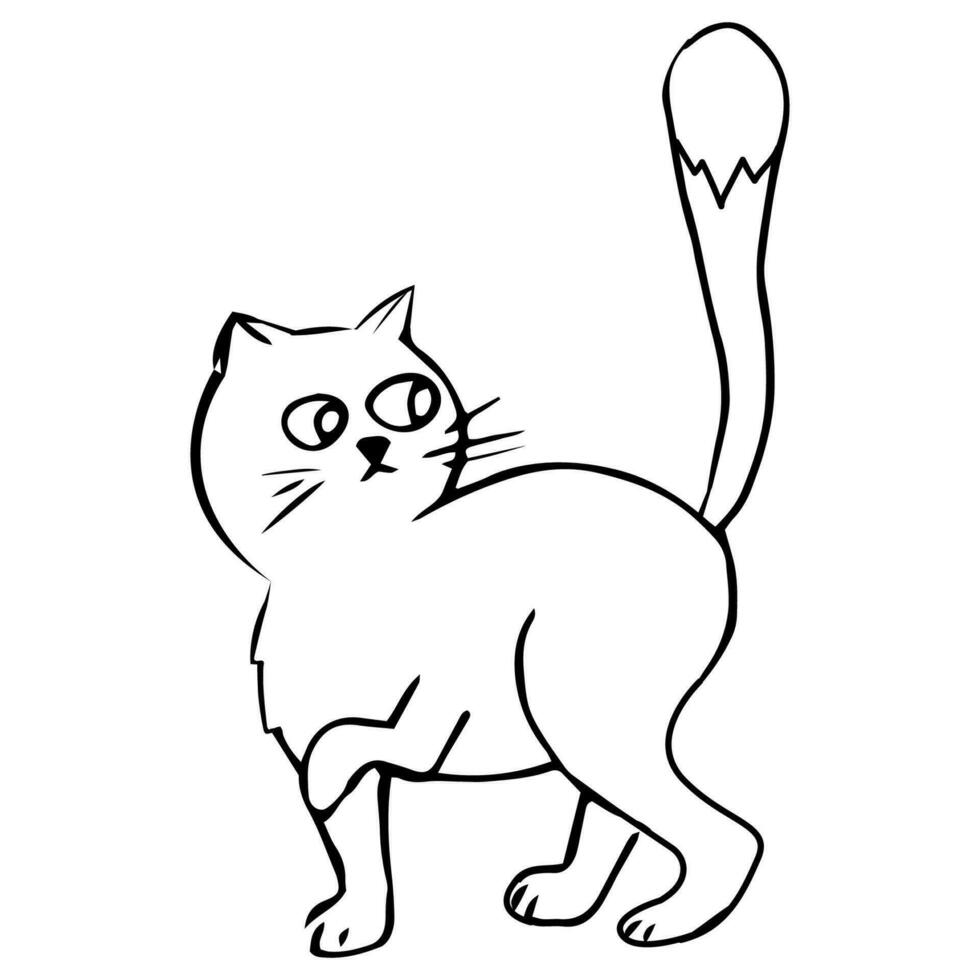 Cute cat, kitten in line doodle style emotional character isolated on white background. Comic Pet drawing. Vector illustration