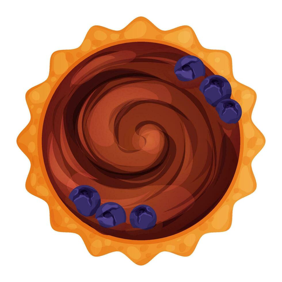 Homemde pie, tart top view whole with chocolate cream an blueberry round bakery, dessert top view in cartoon style vector