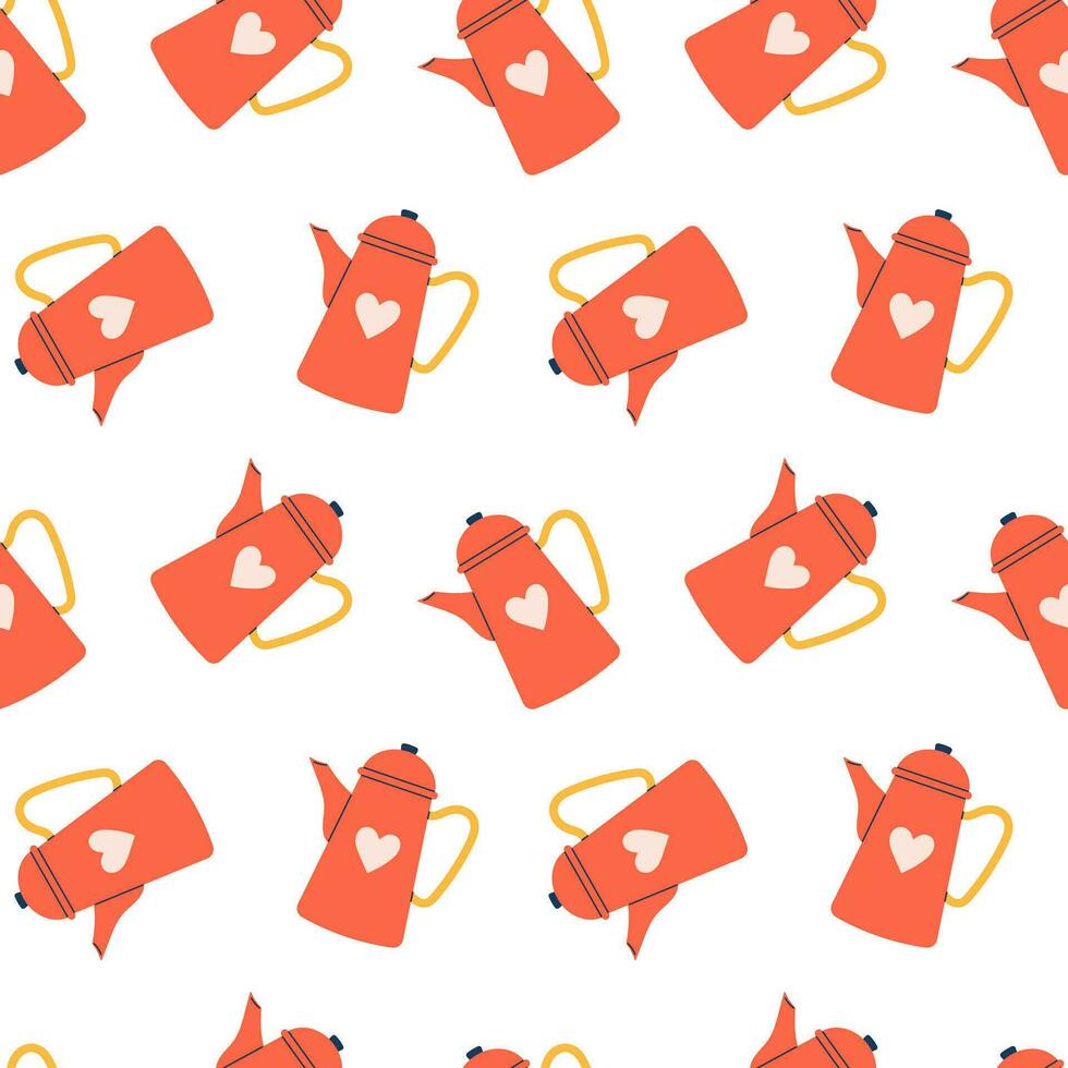 Vector red tea kettles seamless pattern. Lovely tea kettle with heart on white background. Tea time print.