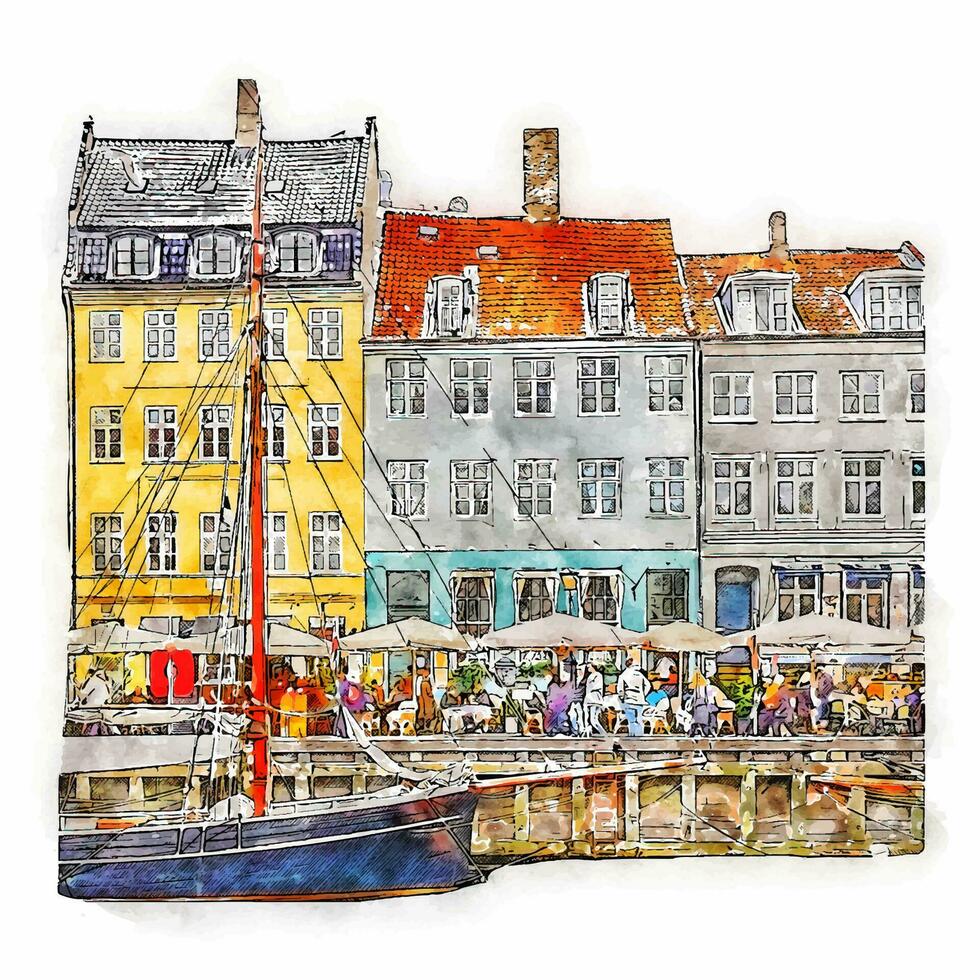 Copenhagen denmark watercolor hand drawn illustration isolated on white background vector