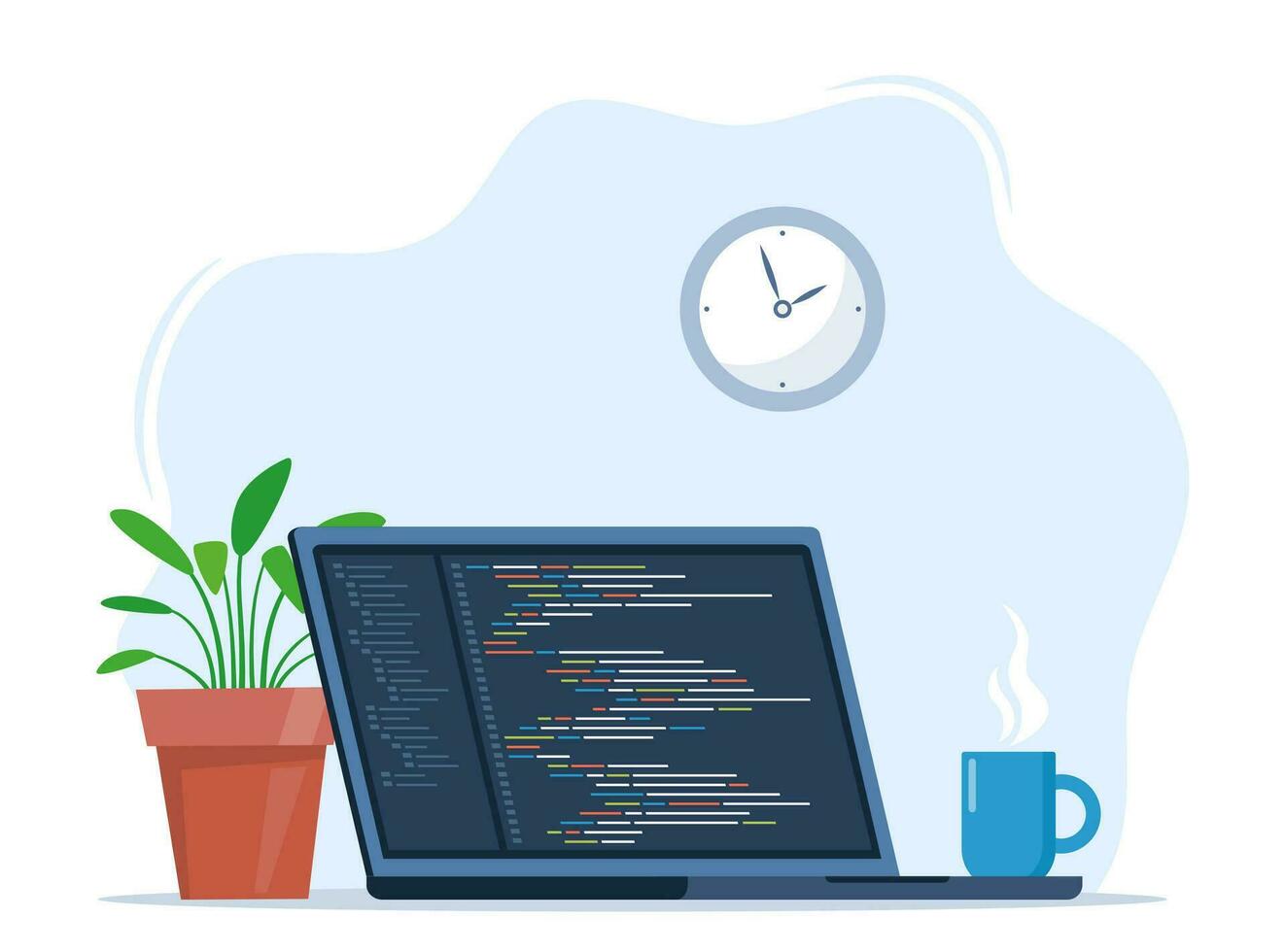 Laptop with cup of coffee and plant in pot. Workplace of coder, online programmer. Coding and programming, developing sites using special language. Vector illustration.