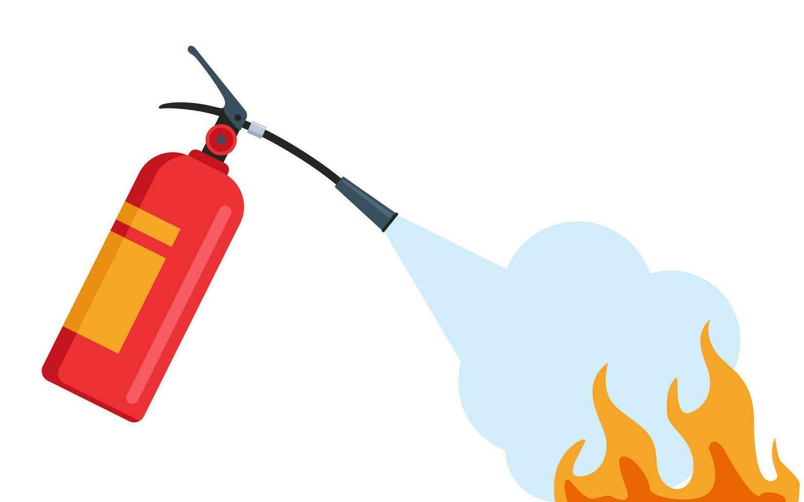 Fire extinguishing. Autonomous red fire extinguisher foam spills onto fire. Safety concept, protective warning. Vector