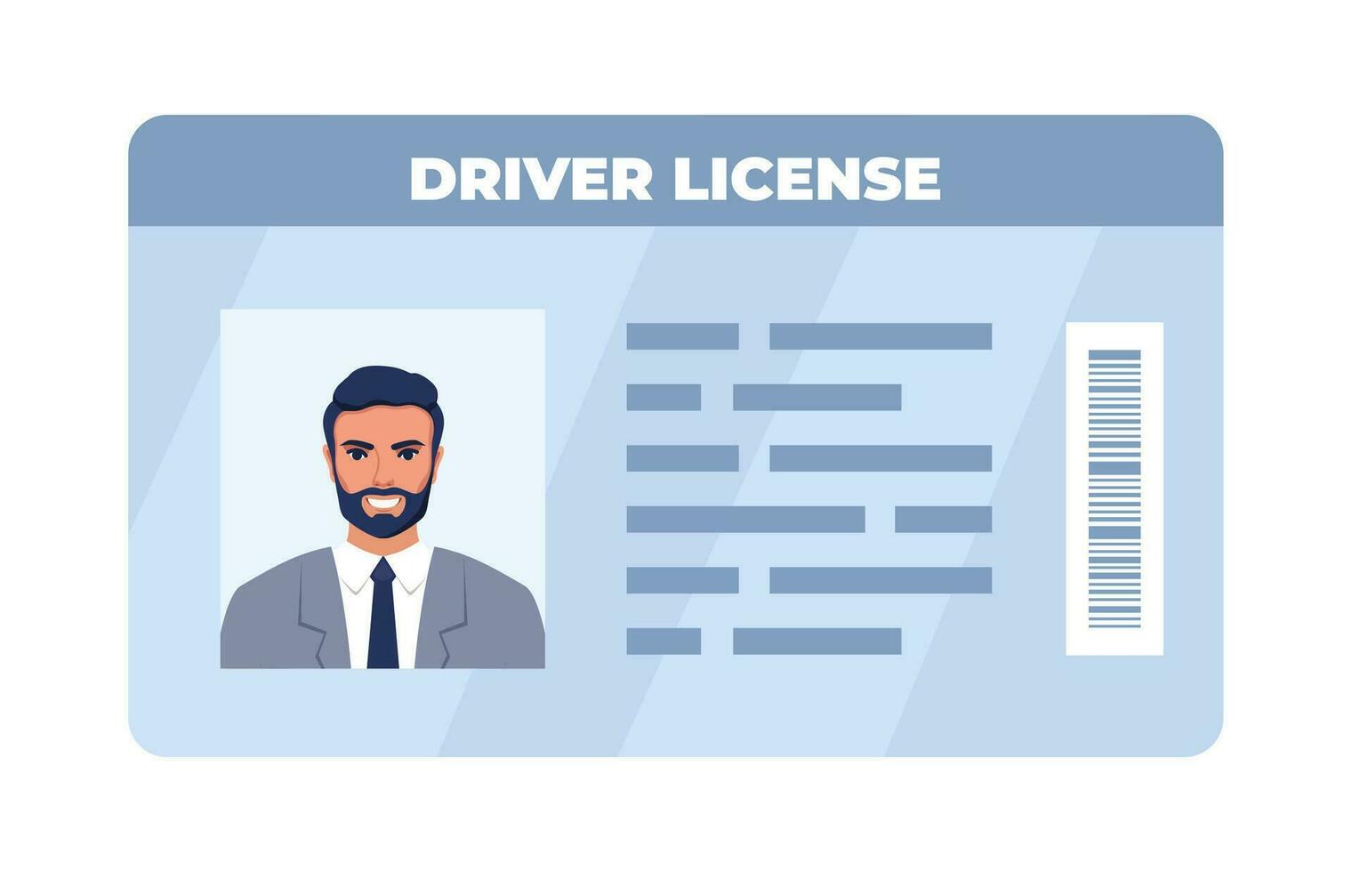 Driver License ID card. Personal info data. Identification document with person photo. User or profile card. Driver's license. Flat style. Vector illustration.