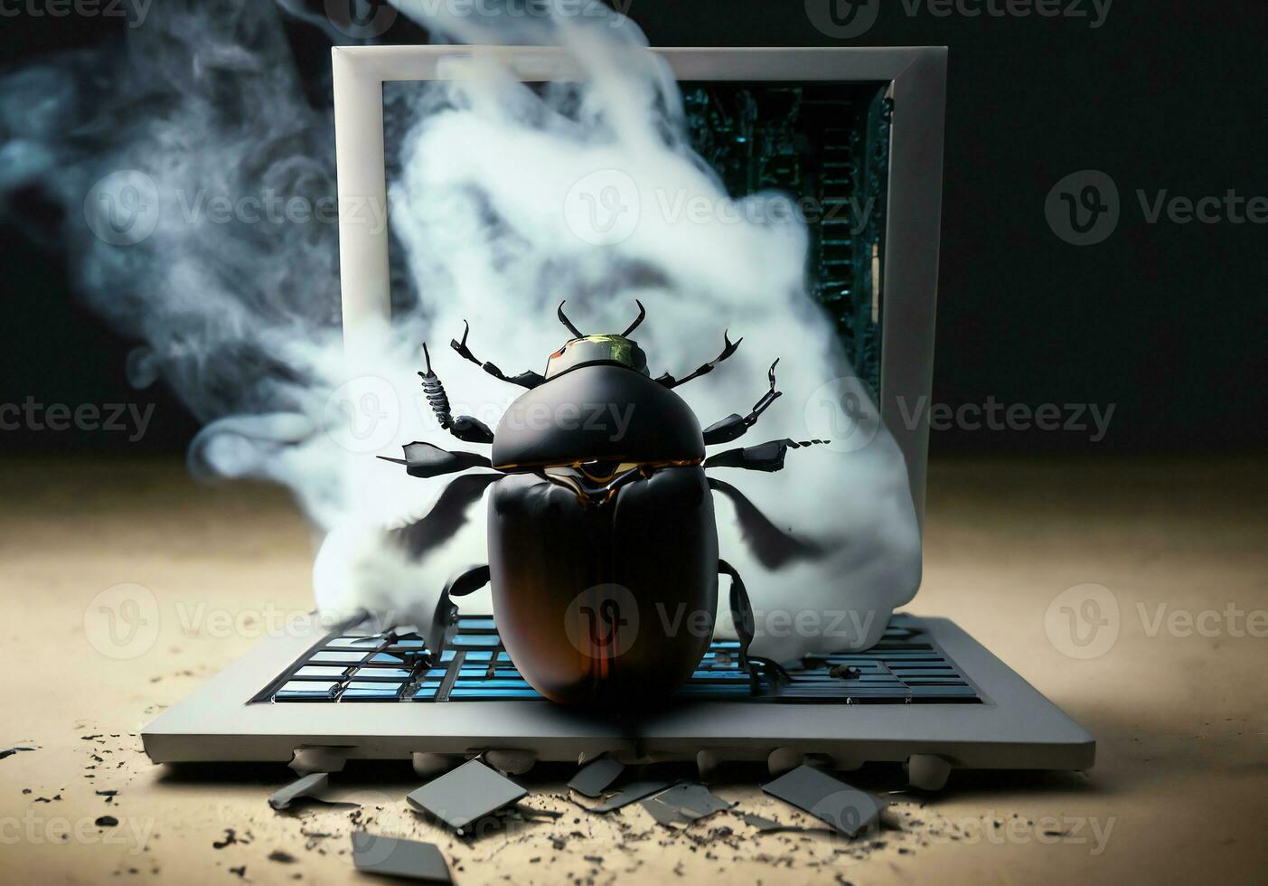 Beetle attacks and destroys electronics. Concept of computer virus and malicious software code. Generative ai photo