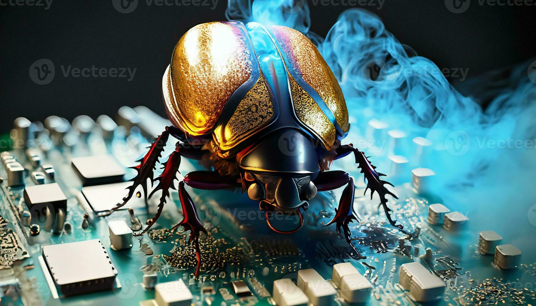 Beetle attacks and destroys electronics. Concept of computer virus and malicious software code. Generative ai photo