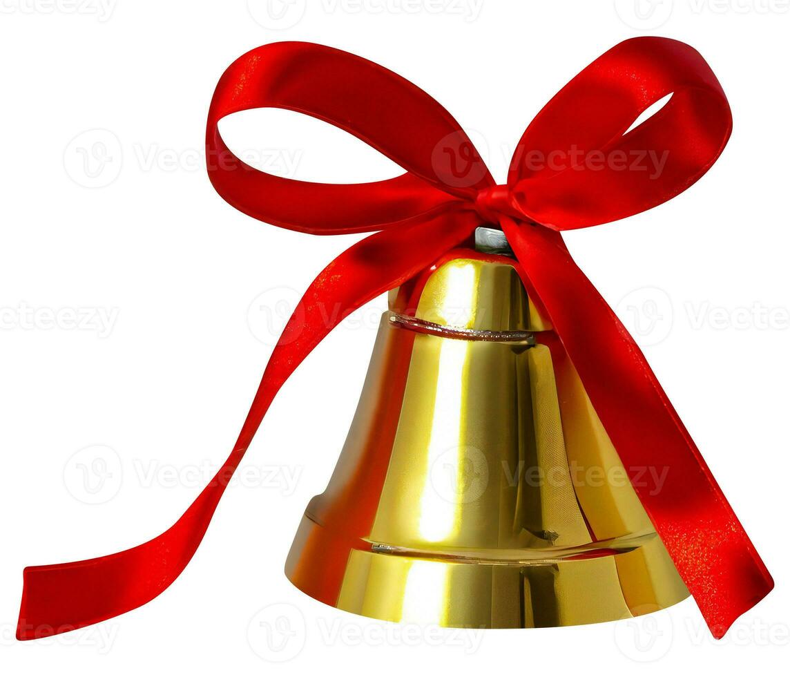 Golden glossy cut out bell with red bow Generative ai photo