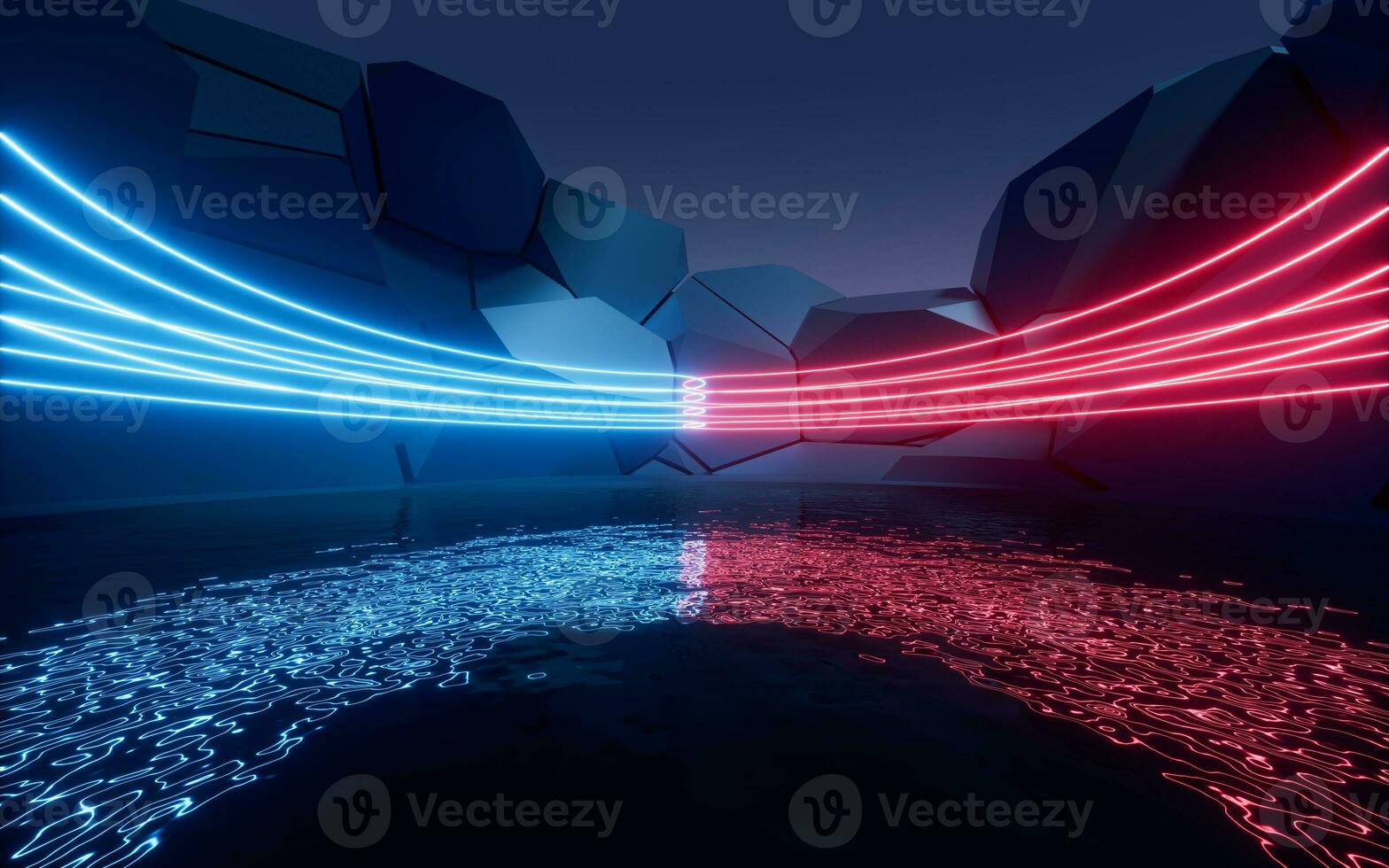 Glowing neon lines with water surface background, 3d rendering. photo