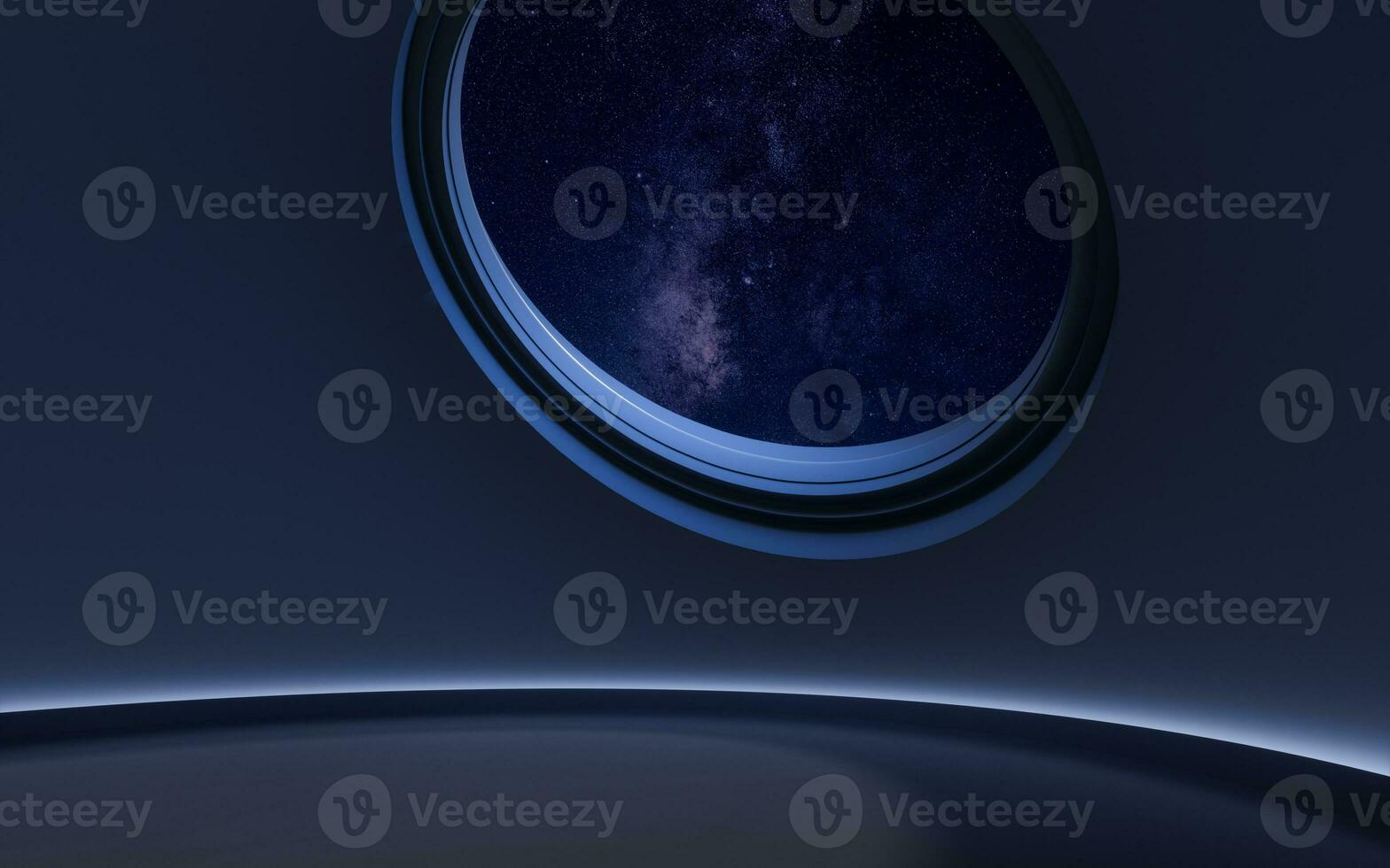 Empty room with round window at night, 3d rendering. photo