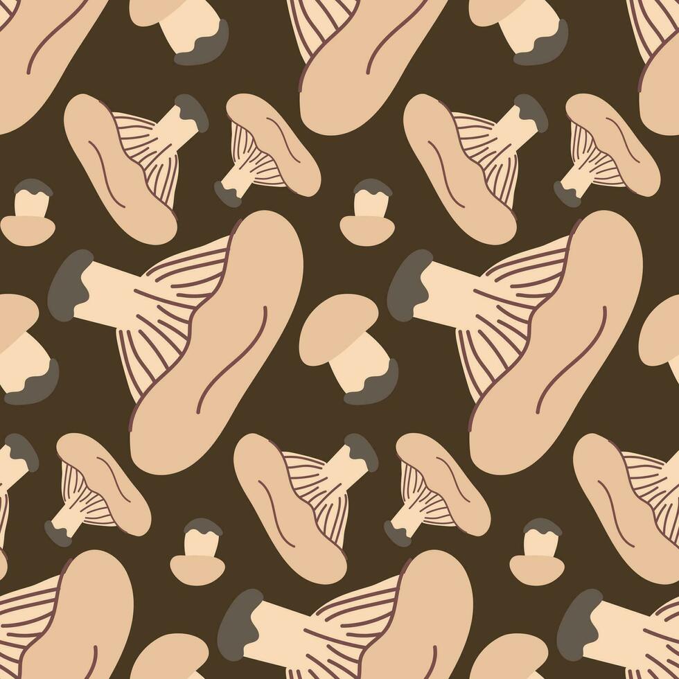 Vector seamless pattern with milk cap mushroom on a dark background. Seamless texture, hand-drawn cartoon striped mushrooms. Design template for textiles, wallpaper, print. milk on brown