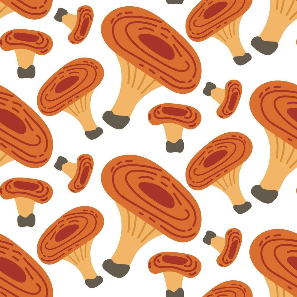 Vector seamless pattern with saffron milk cap mushroom on a white background. Seamless texture, hand-drawn cartoon striped mushrooms. Design template for textiles, wallpaper, print. Saffron milk cap