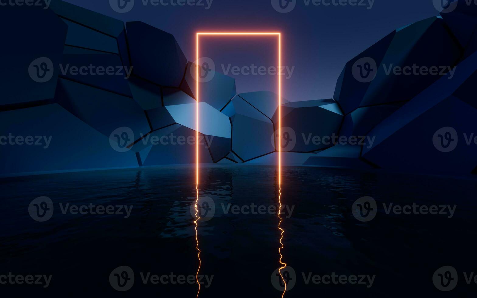 Glowing neon lines with water surface background, 3d rendering. photo