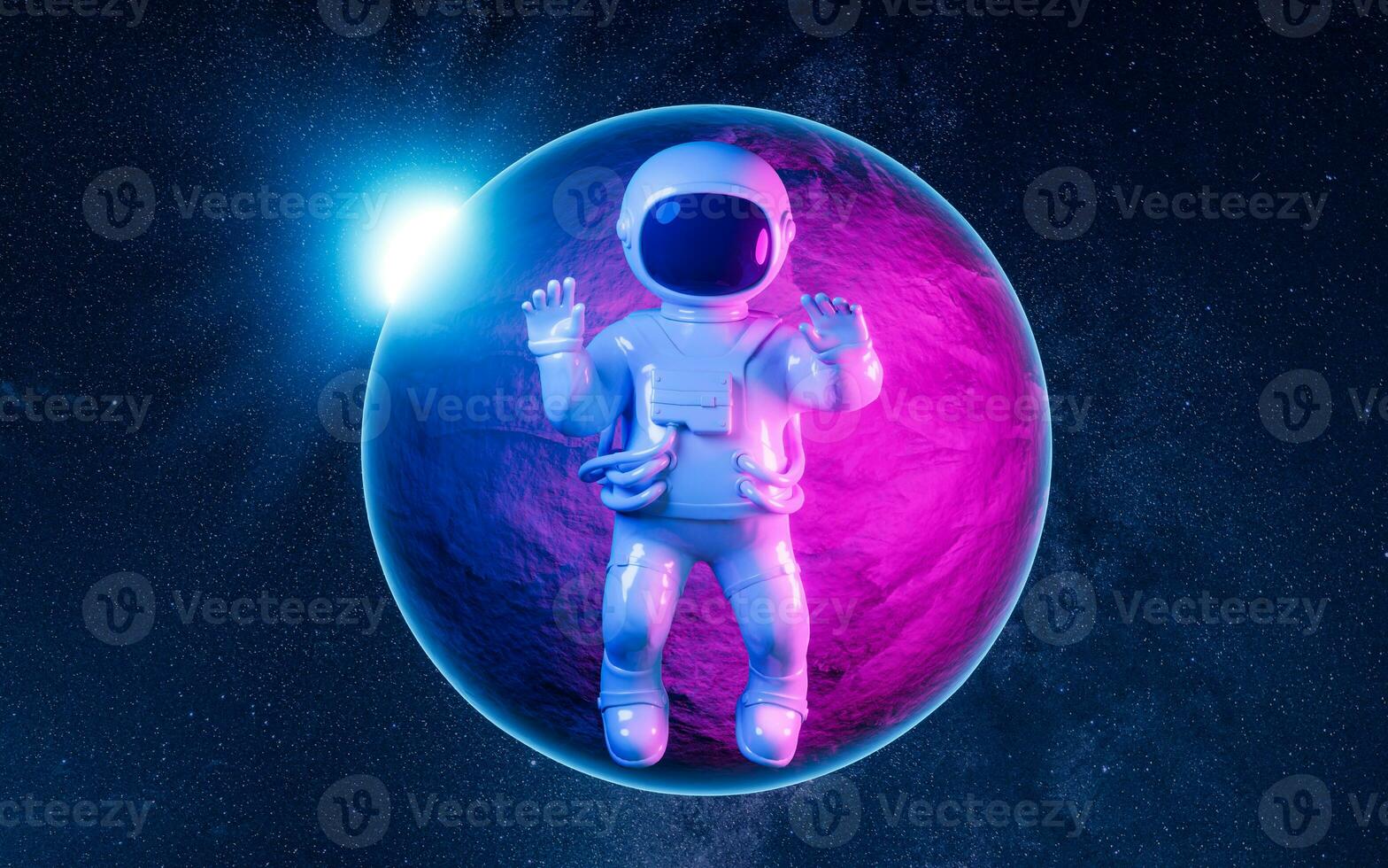 Cartoon spaceman with outer space background, 3d rendering. photo
