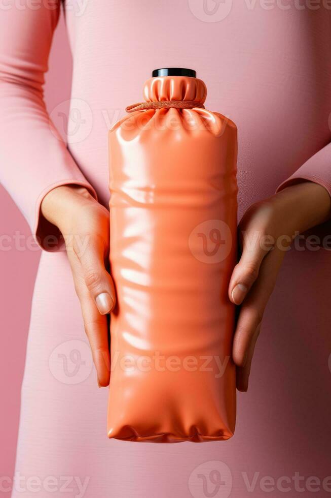 Person clutching a hot water bottle during autumn illness isolated on a gradient background photo