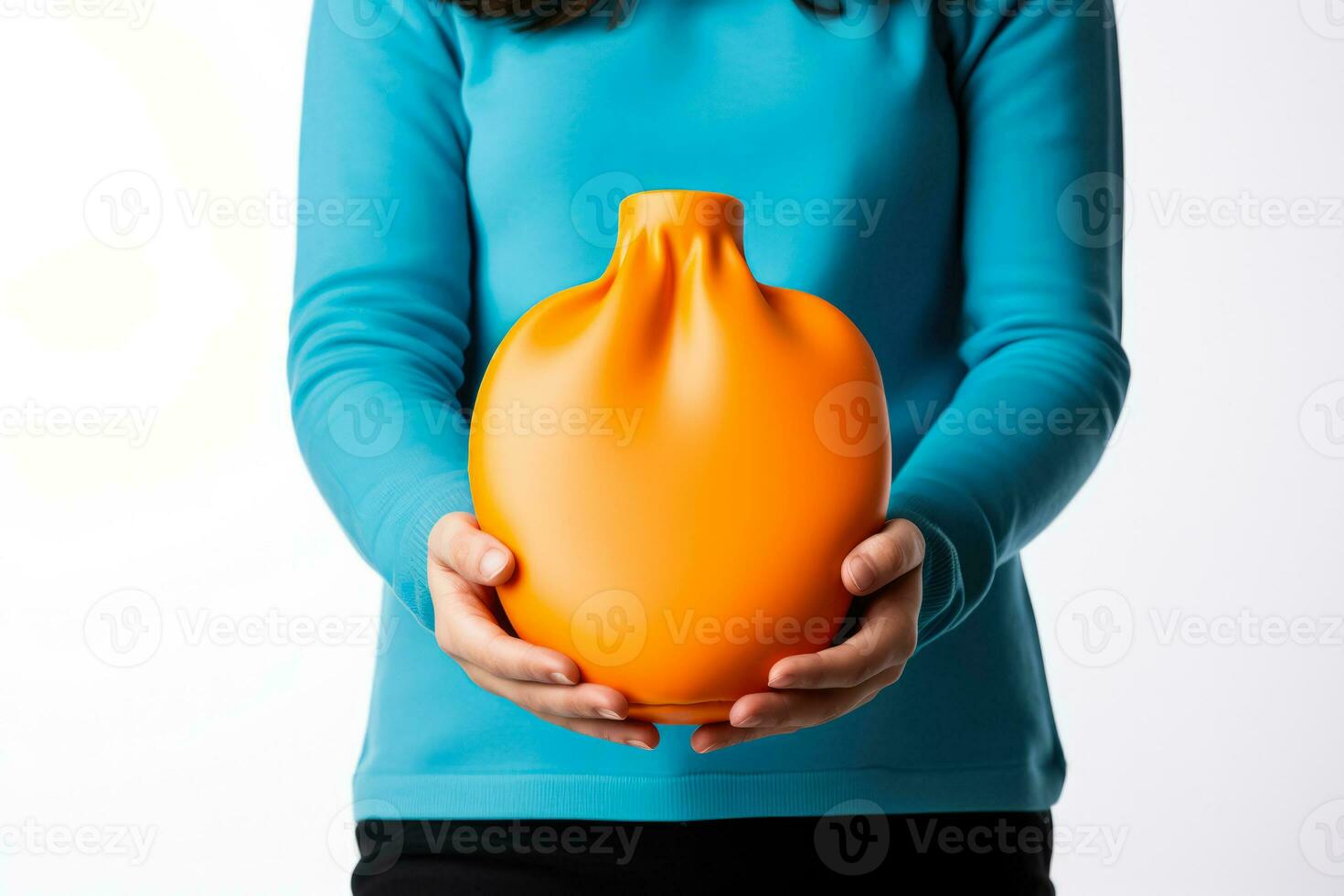 Individual holding a hot water bottle for autumn illness warmth isolated on a white background photo