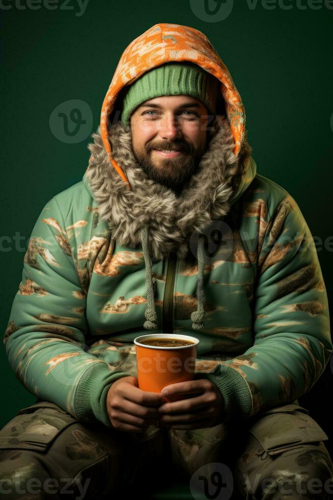 Person enjoying warm soup in layered clothing isolated on a gradient background photo