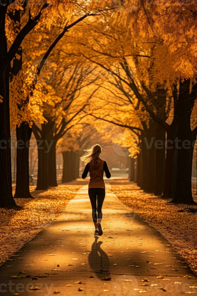 individual trotar mediante un hoja esparcido parque durante otoño a aumentar inmunidad foto