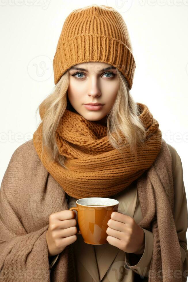 Person sipping hot tea for autumn flu isolated on a white background photo