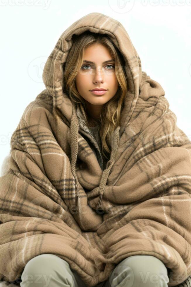 Individual wrapped in cozy blanket bracing autumn chill isolated on a white background photo