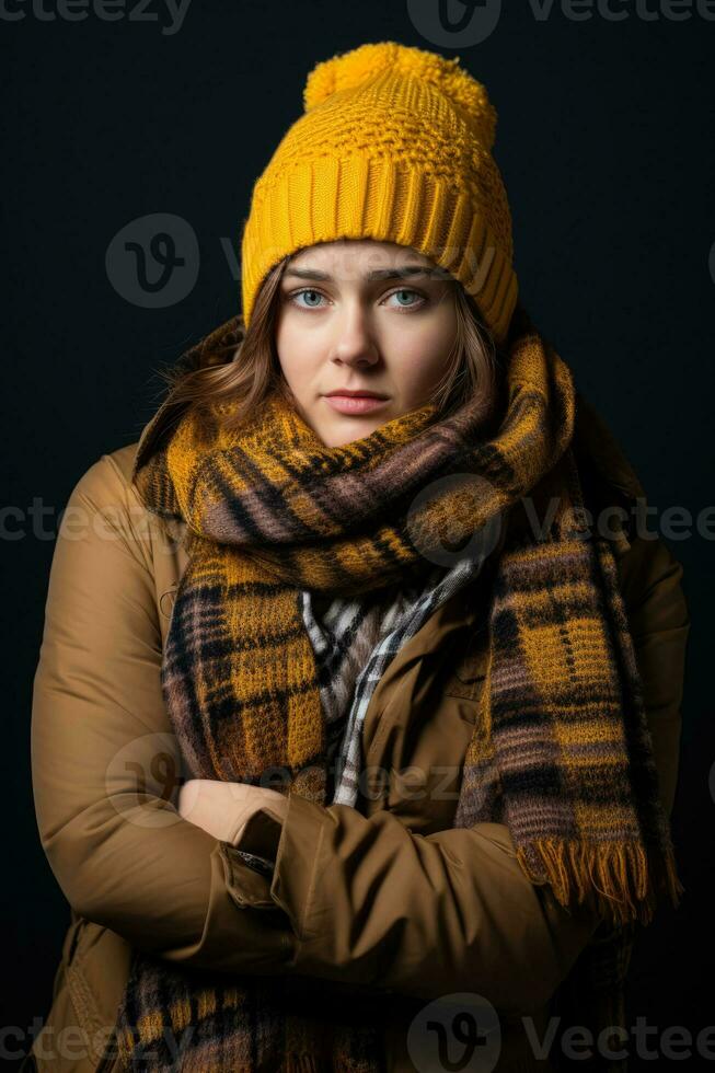 Person shivering in scarf and hat and holding thermometer isolated on a gradient background photo