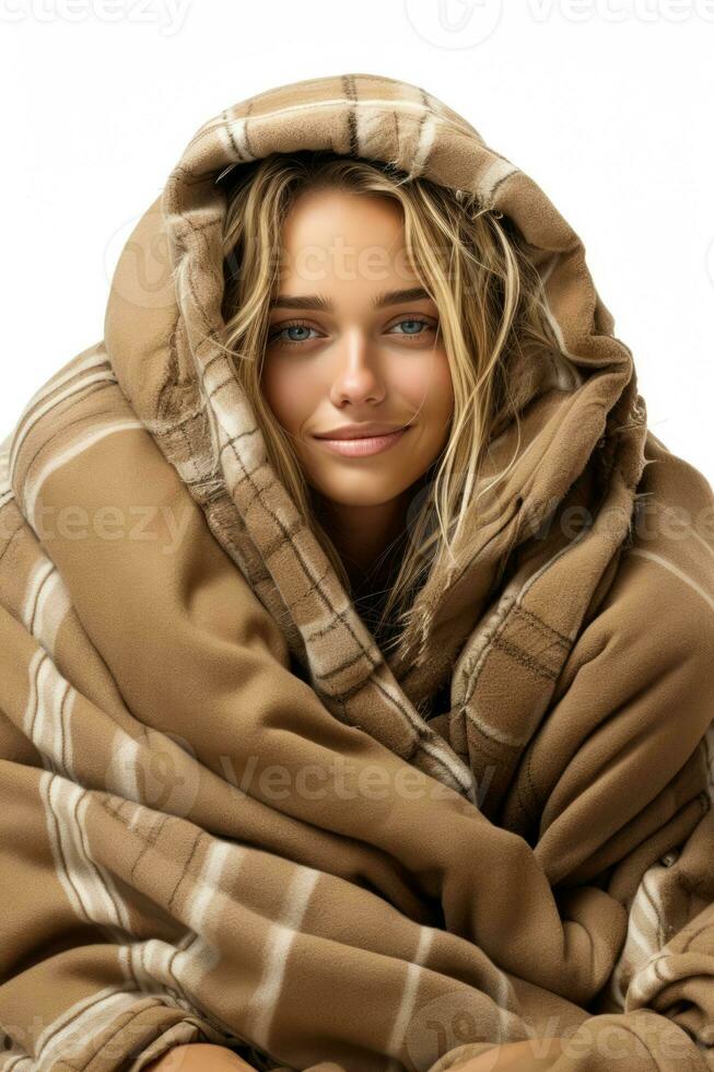 Individual wrapped in cozy blanket bracing autumn chill isolated on a white background photo