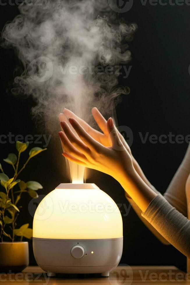 Person adjusting room humidifier during autumn cold isolated on a gradient background photo