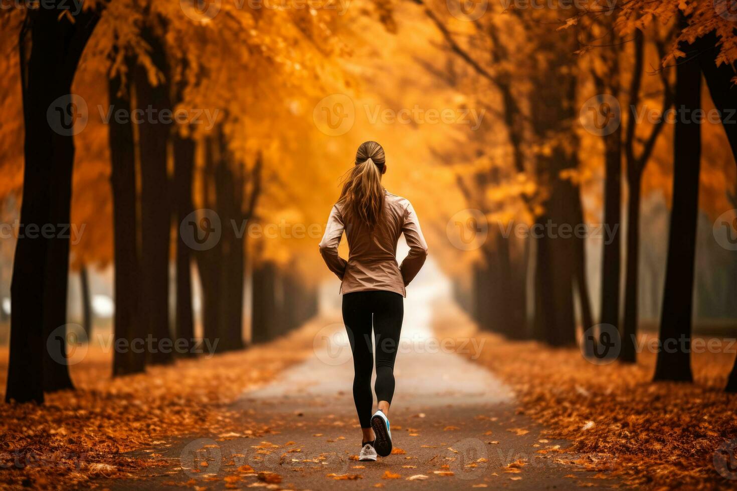 Individual jogging through a leaf strewn park during autumn to boost immunity photo