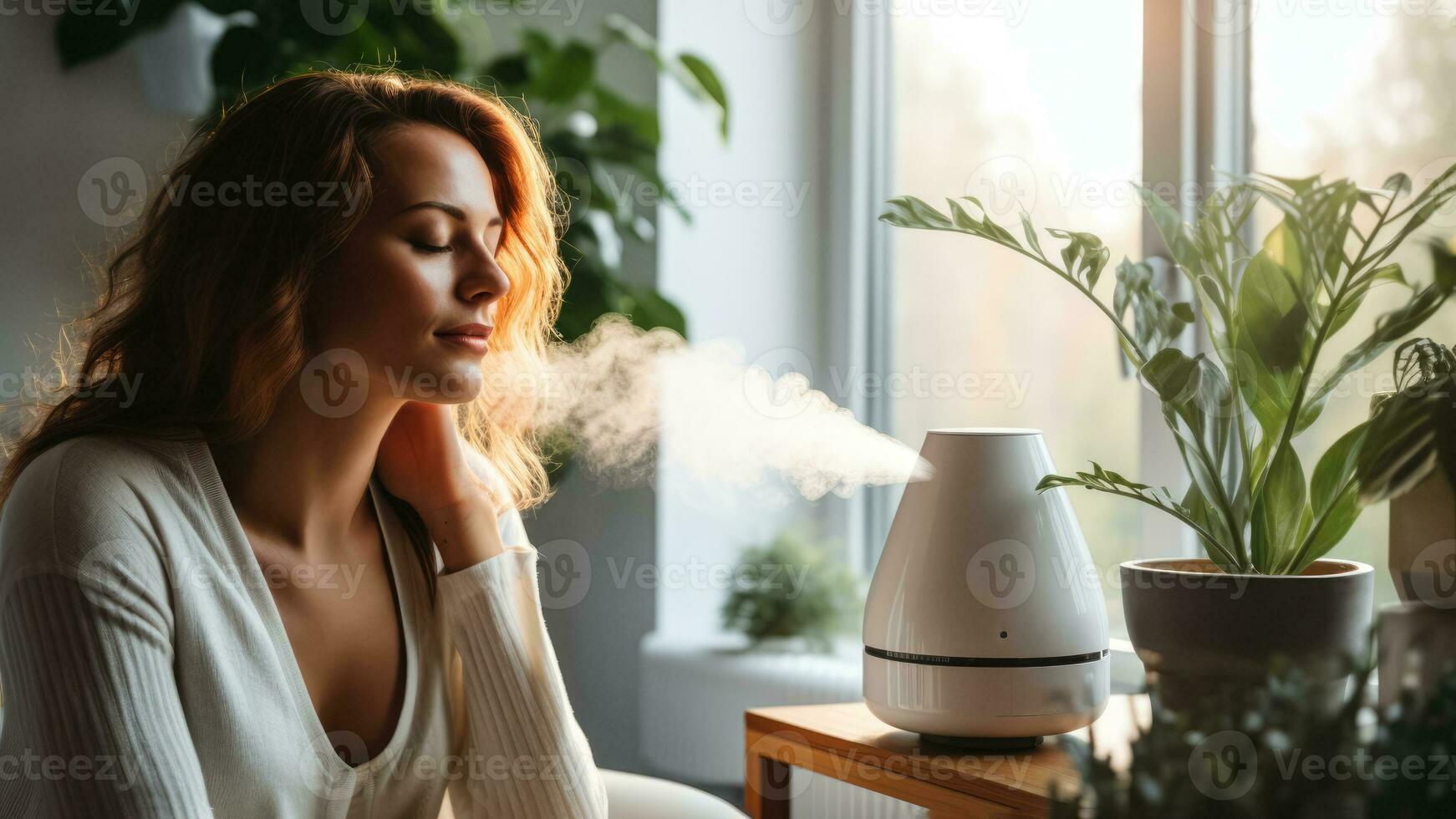 Person using humidifier indoors to alleviate autumn cold symptoms photo