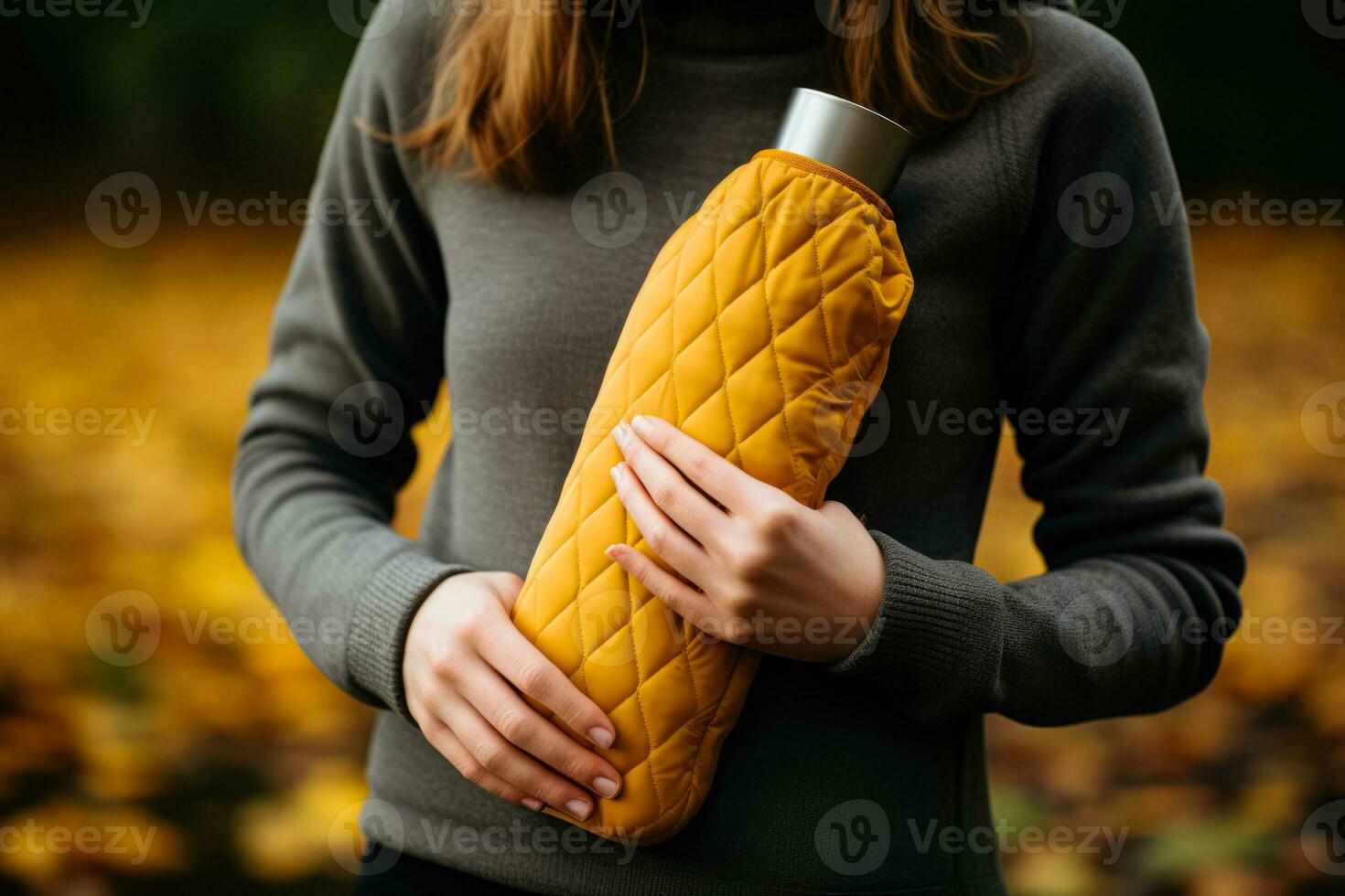individual agarrando caliente agua botella durante otoño enfermedad recuperación foto