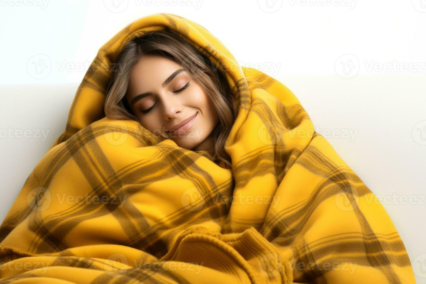 Individual wrapped in cozy blanket bracing autumn chill isolated on a white background photo