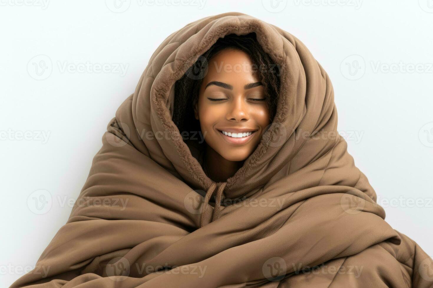 Individual wrapped in cozy blanket bracing autumn chill isolated on a white background photo