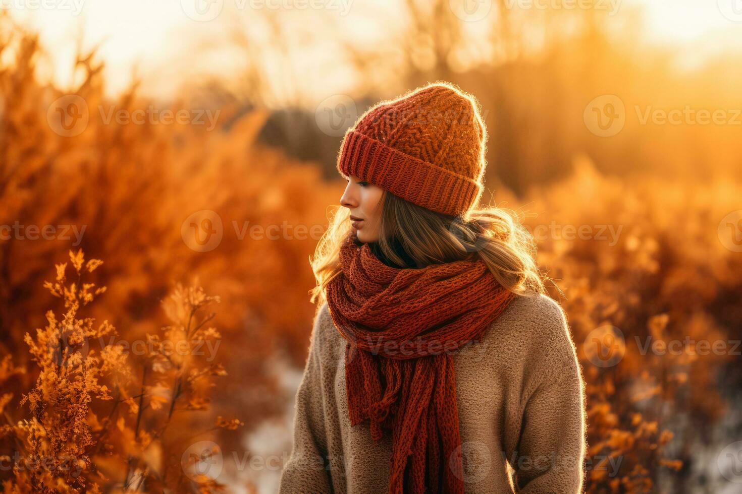 Person in knitwear battling a cold amidst vibrant fall scenery photo