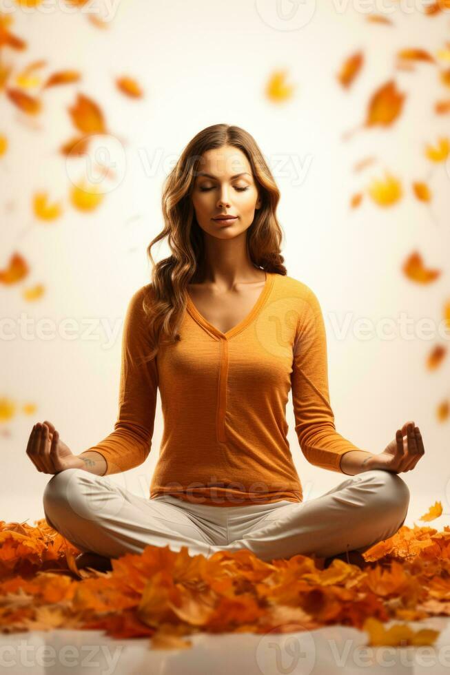 persona haciendo yoga con otoño hojas alrededor aislado en un blanco antecedentes foto