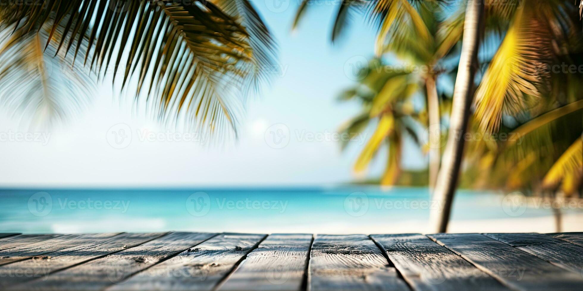 Empty Wood Table Beach Background Marketing Space Generative AI photo