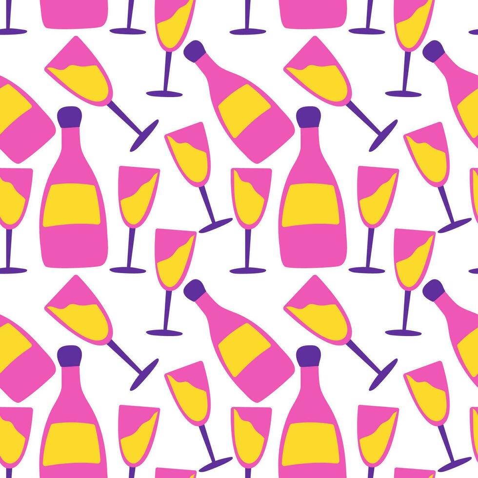 Champagne, Prosecco, Cava Celebration, New Year, Seamless Vector Pattern, Background.