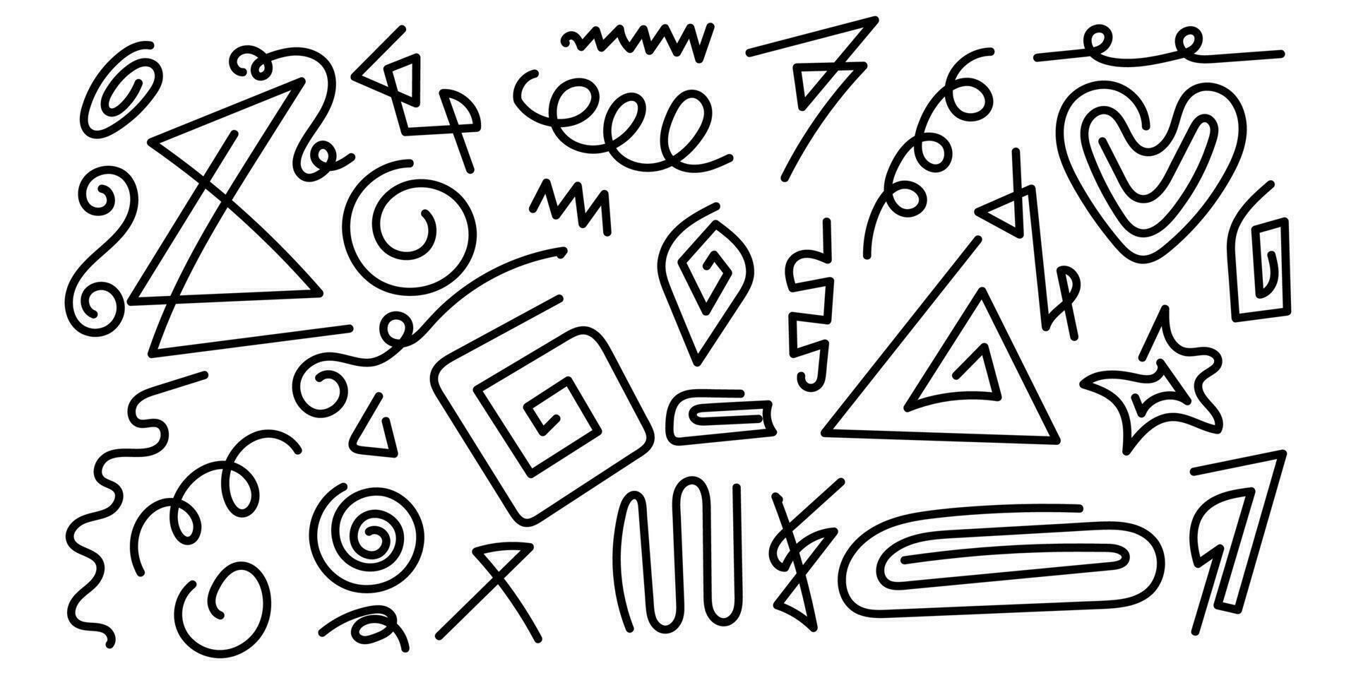 Doodle Swash Black Thin Line Set Include of Heart, Stroke, Circle and Arrow Sign. Vector illustration.