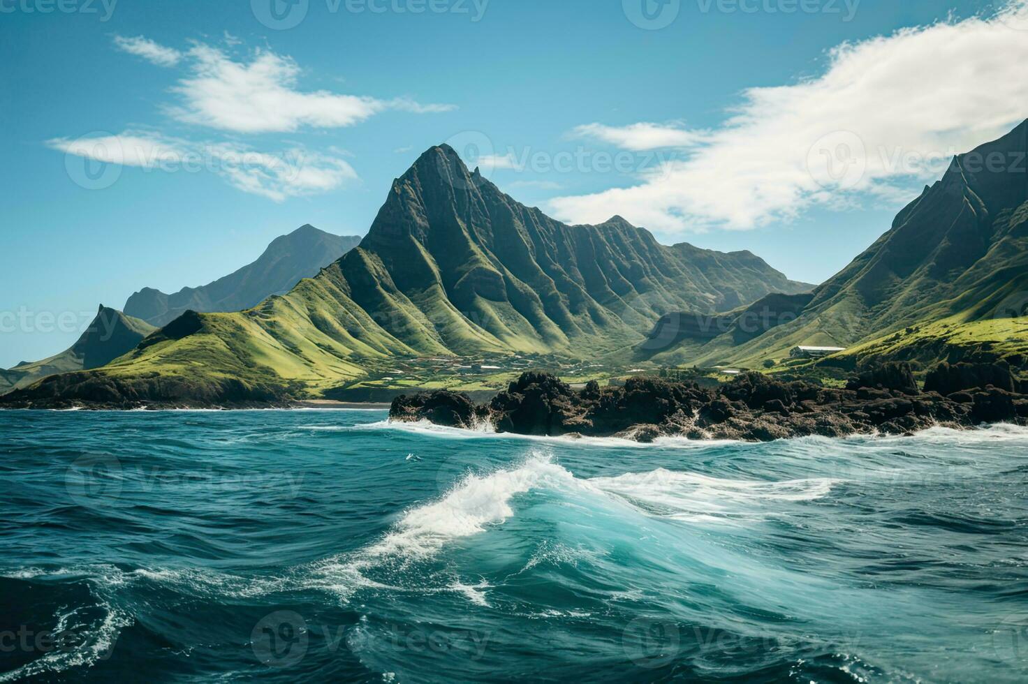 Bay, Beach, and Waves Mountain Under a Vast SkyGenerative AI photo