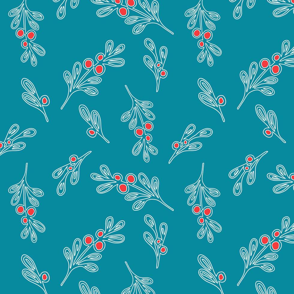 Christmas blue pattern  hand drawn doodle twigs with red berry. vector