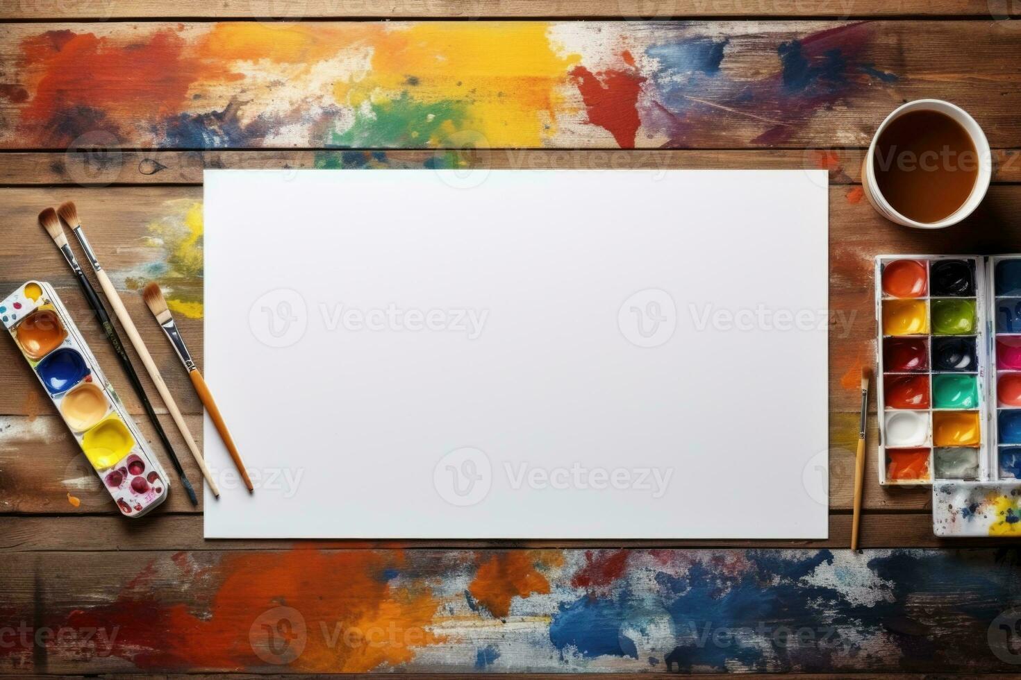 Blank sheet for drawing with paints and brushes on a colorful background. Art photo