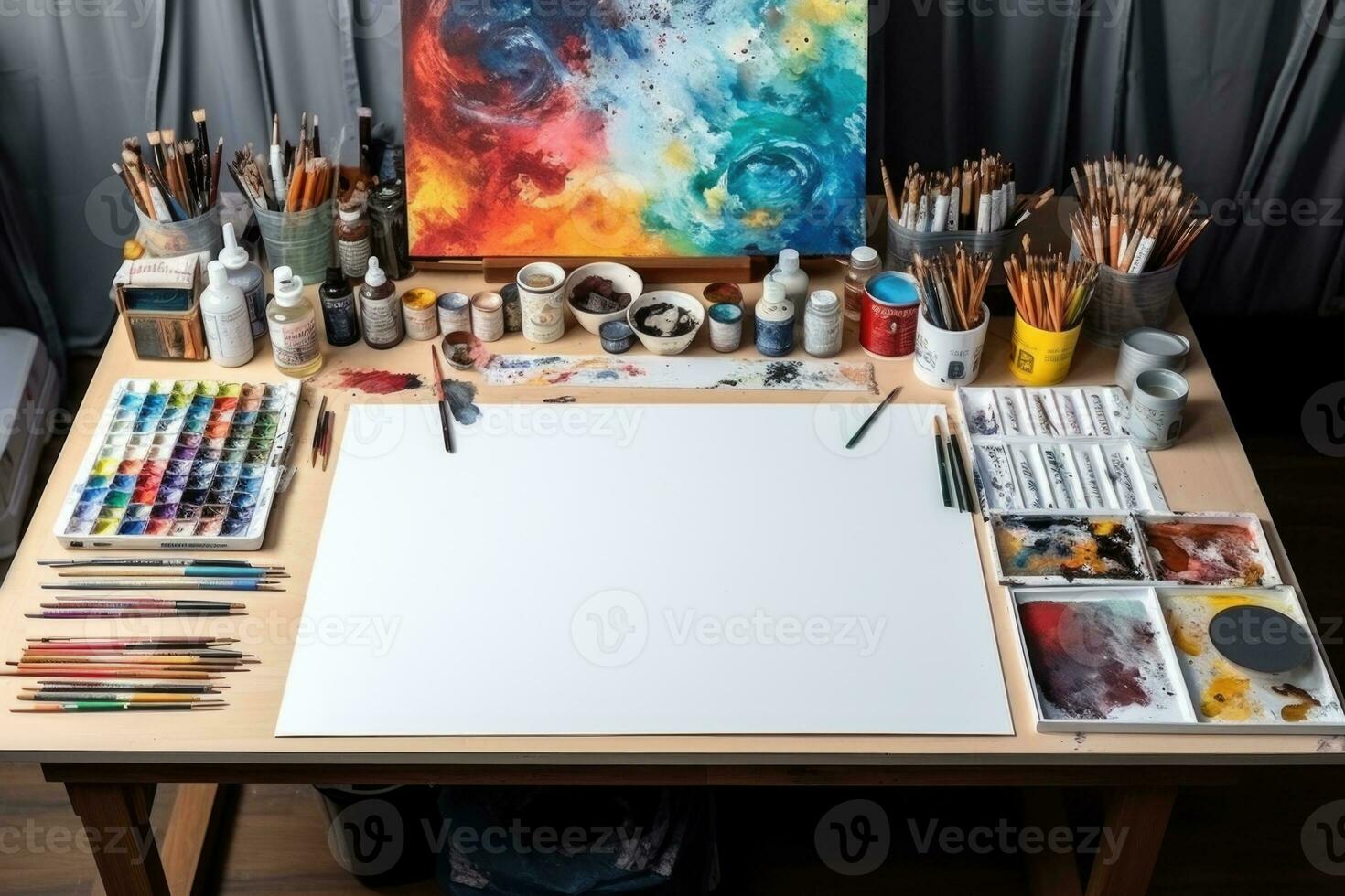 Artist's workplace. Painting supplies, blank white canvas photo