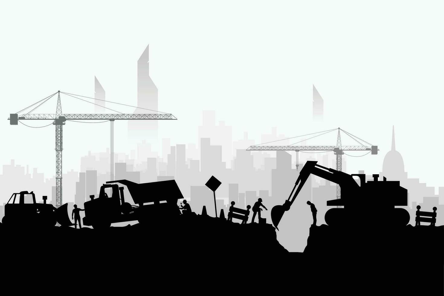 construction vehicles silhoette city vector