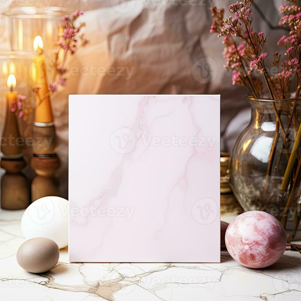 Romantic Wedding Invitation Card Mockup with Pink Flowers, Gold and Silver Decoration on White Marble Top View of Elegant Wedding Stationery, Perfect for Celebratory Wedding Designs Generative AI photo