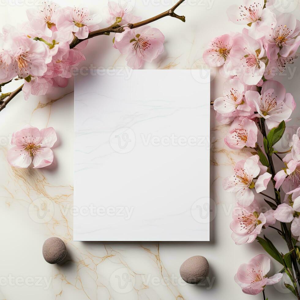 Wedding Blank White Card with Cherry Blossom Flower Frame on Soft Pink Marble Background Ideal for Artistic Wedding Stationery, Beauty Blogging, and Elegant Event Invitations Generative AI photo