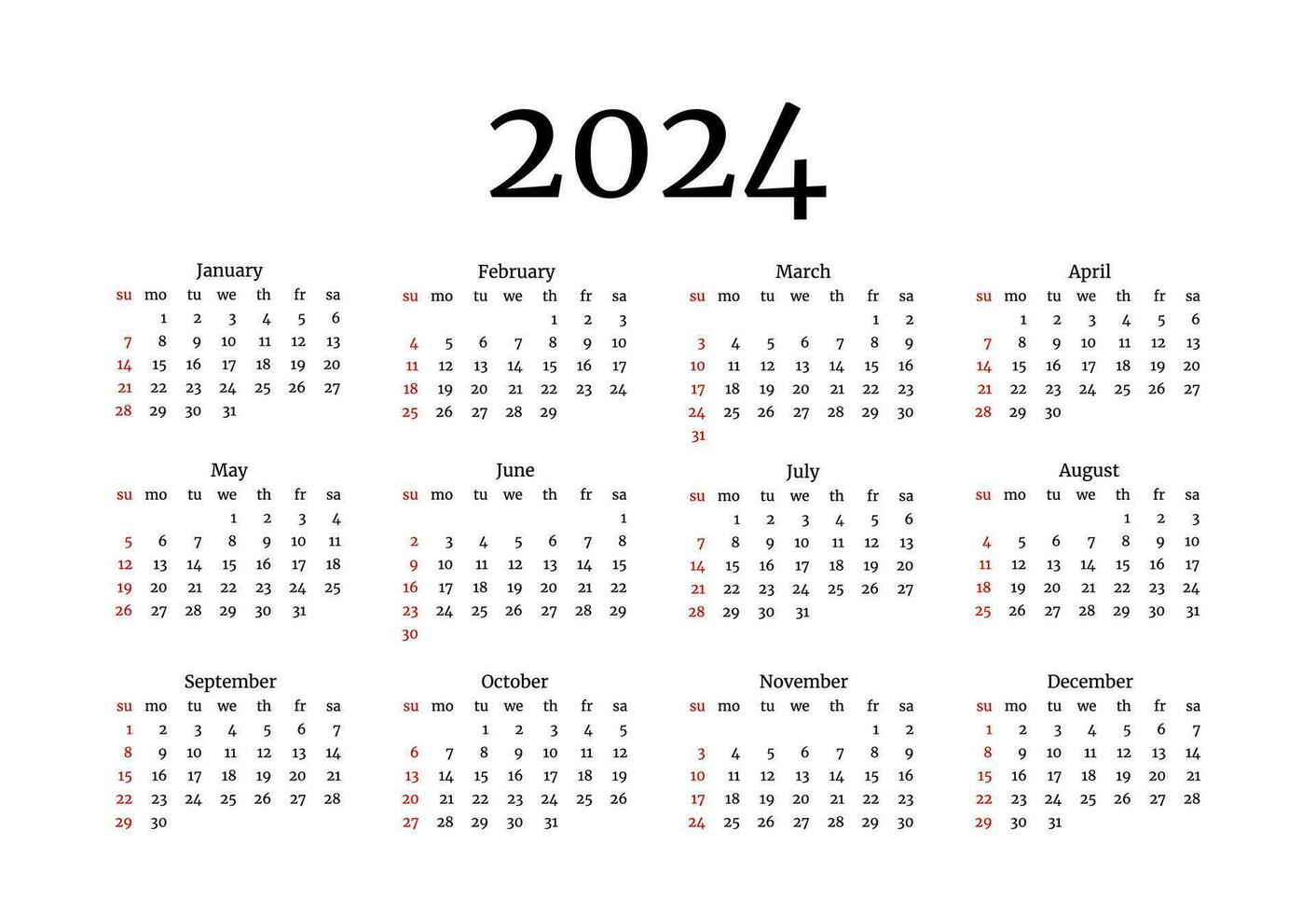Calendar for 2024 isolated on a white background. Sunday to Monday, business template. Vector illustration
