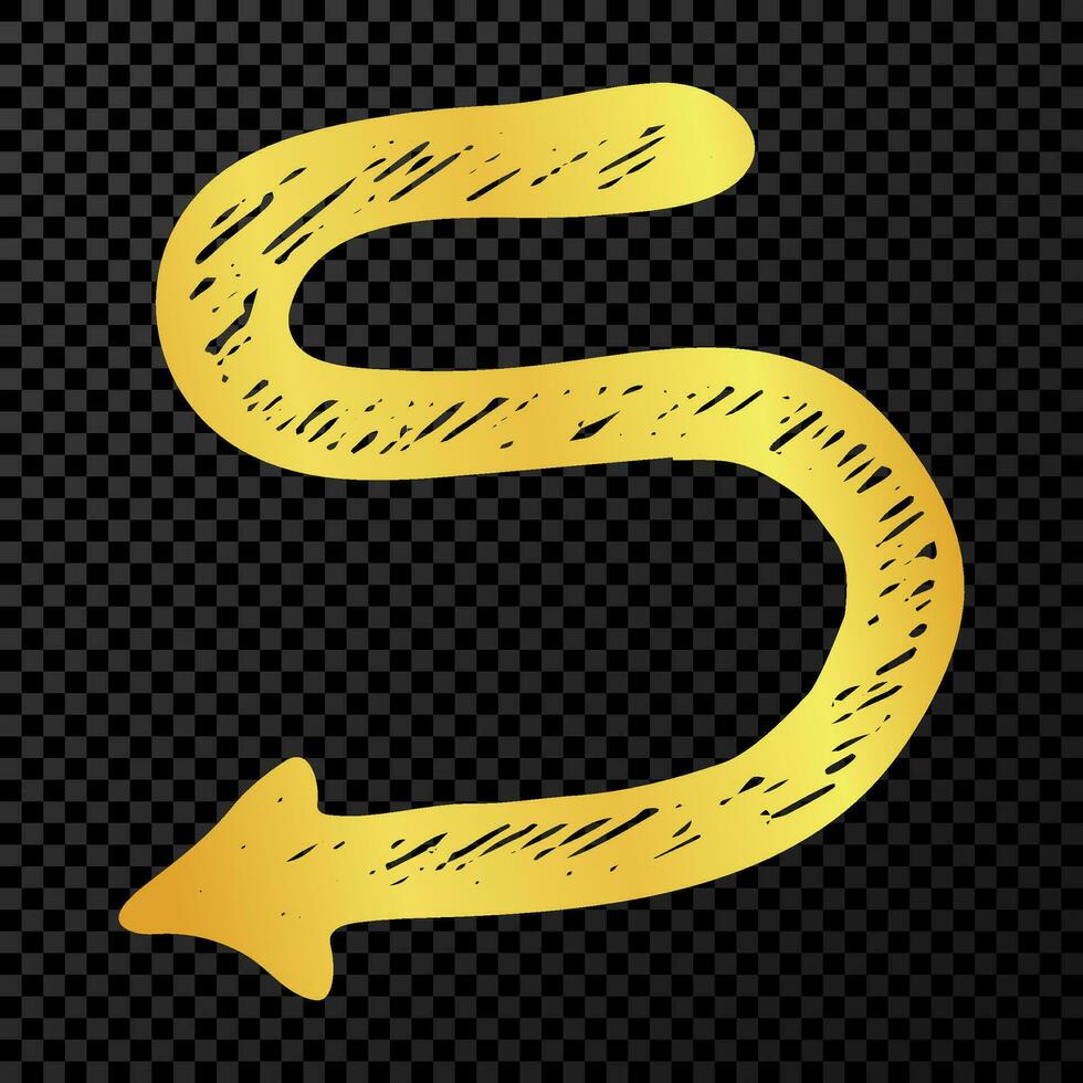 Gold hand drawn arrow. Sketch of gold doodle arrow isolated on dark background. Vector illustration.