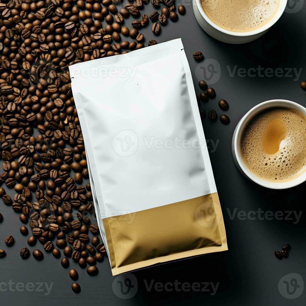 Brown and White Paper Pouch Bags with Coffee Beans, Top View Perfect Coffee Packaging Mockup with Coffee Cup Background, Ideal for Foods and Goods Branding Templates Generative AI photo