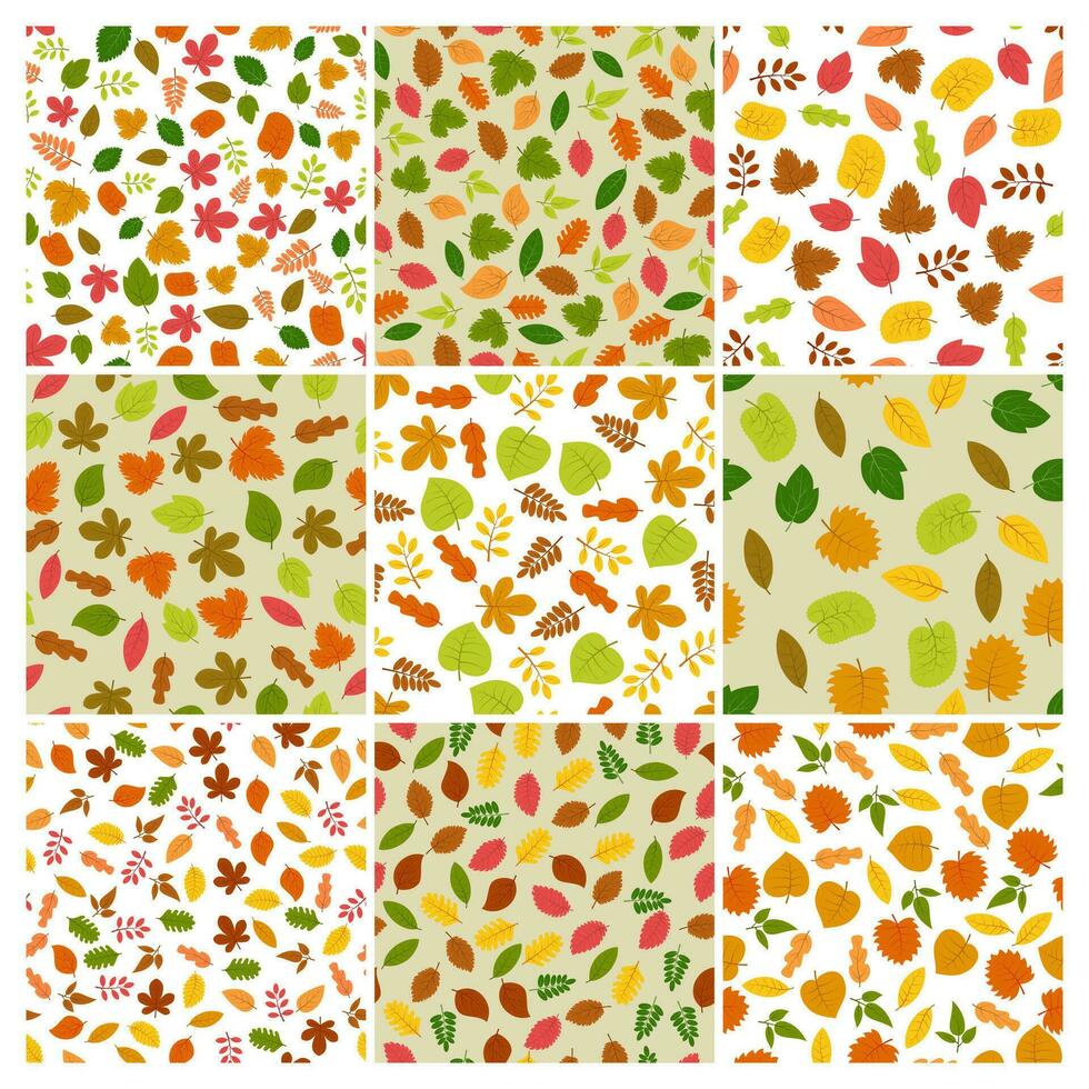 Seamless autumn leaves backgrounds. Set of nine patterns with colorful autumn leaves. Vector illustration
