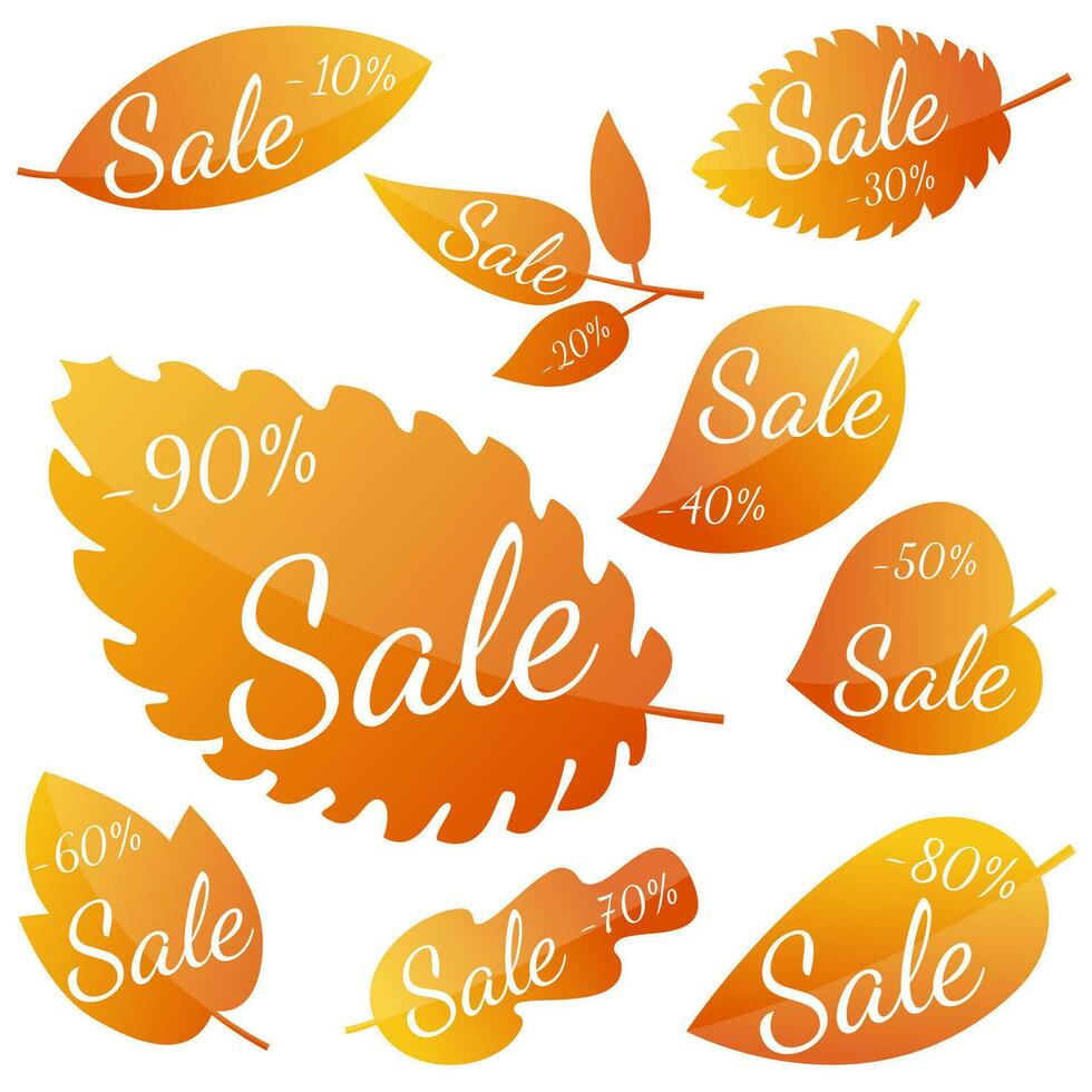 Set of autumn yellow-red leaves with inscription Sale. Discounts from 10 to 90 percent. Vector illustration.